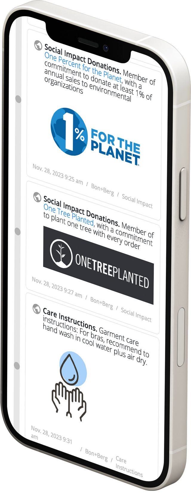 Bon+Berg's Digital Product Passport renders sustainability information from
the public ledger in a turnkey, easy-to-access, timeline-based web
format