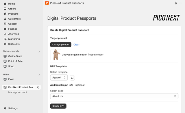 With the PicoNext Product Passports app for Shopify, merchants can create
Digital Product Passports from the product data they already have in their
e-commerce
platform