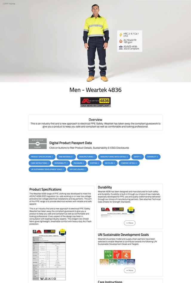 To maintain a cohesive and engaging brand experience for its customers,
Weartek developed a branded microsite that displays its AI-powered Digital
Product Passport
data.
